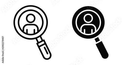 Magnifying glass icon with person silhouette for recruitment human resources search employee hiring find talent candidate profile identification investigation symbol
