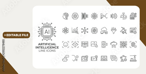 Artificial intelligence icon set. Contain icons related to  AI, machine learning, virtual assistant, generative AI, robotics, data science, technology, and more. Editable stroke. Vector Illustration