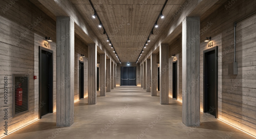 Fototapeta premium Long empty concrete hallway lined with wooden walls and pillars. Numbered black doors on both sides leading to interior spaces