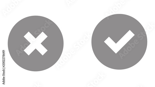 Gray cross x mark and gray check mark symbols in circular icons for neutral states or options with decision validation interface isolated background inactive disabled monochrome feedback
