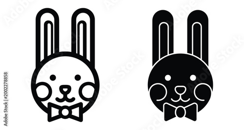 Rabbit head icon set with bowtie featuring cute bunny face in outline and solid black minimalist flat vector style