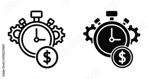 Time is money icon set featuring stopwatch with gears and dollar coin symbol for productivity efficiency financial management and business