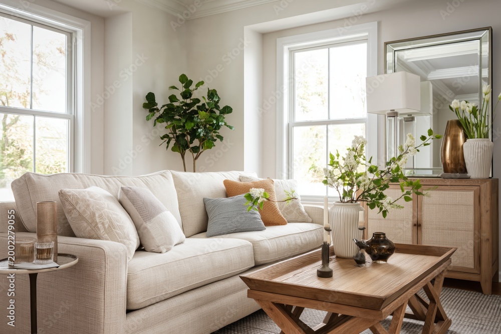 Fototapeta premium Cozy Living Room With a Sofa, Table, and Plants During the Day