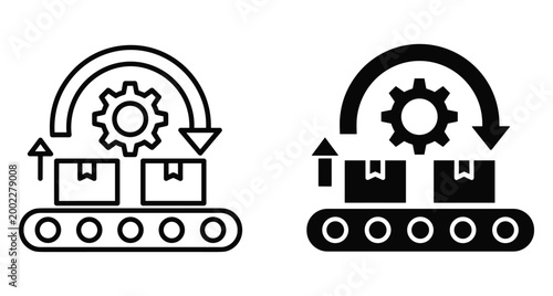 Conveyor belt production line icon with cardboard boxes gear and circular arrow representing automated manufacturing process logistics and industrial workflow efficiency