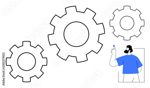 Teamwork, collaboration, workflow optimization, system development, problem-solving, engineering. Large gears connected, person holding a tool. Teamwork and workflow optimization concept