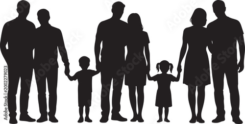 Happy family silhouettes set showing parents and children enjoying outdoor moments together, minimal vector illustration of family activities, parenting, love, bonding, and togetherness for lifestyle