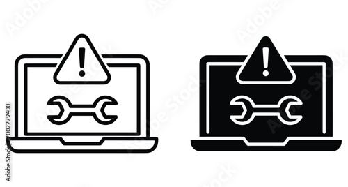 Laptop computer repair service icon set with wrench tool and warning alert symbol for technical support and system maintenance troubleshooting