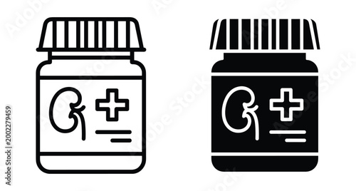 Kidney health medicine bottle icons set featuring renal supplement container with medical cross symbol for urology healthcare and pharmacy design