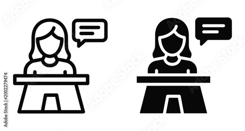 female receptionist icon set showing woman behind desk with speech bubble for customer service support communication and information desk presentation