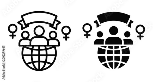 International women day icon set with globe female gender symbols banner and human figures representing global equality and social empowerment