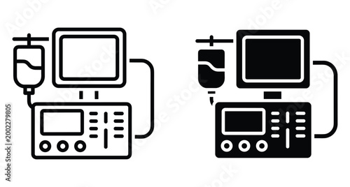 Medical dialysis machine icon set with IV drip bag and patient monitor screen for healthcare hospital equipment and clinical treatment