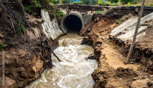 Muddy water flowing from a large culvert, erosion on the surrounding banks, rural environment with vegetation visible