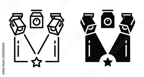 Stage lighting icon set featuring spotlights shining on a star for theater performance concert event show talent fame and entertainment