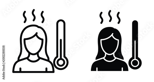 Fever icon set showing woman with high body temperature and thermometer symbol for medical healthcare sickness flu and virus symptoms