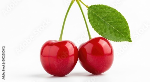 Two bright red cherries hang together from a single green stem with a lush leaf, captured in high detail against a clean white background, organic, vitamin, gardening