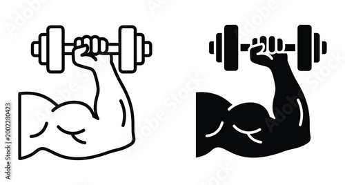 Strong muscular arm lifting heavy dumbbell weight icon set for gym fitness bodybuilding workout training exercise power and strength performance