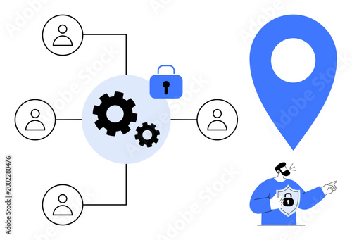 Data privacy, geolocation security, identity protection, network management, cybersecurity awareness, online safety. Connected gears, lock location pin and figure with shield. Data privacy