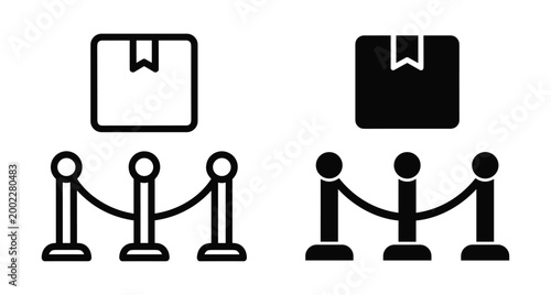 Package delivery and security barrier icons set including cardboard box and velvet rope stanchion in outline and solid black styles