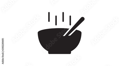 Minimalist bowl of hot food icon vector, black silhouette of steaming soup bowl with chopsticks, simple restaurant logo element for menu design
