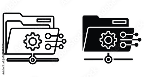 Data processing folder icon set with gear and circuit lines for digital file management system settings and information technology organization