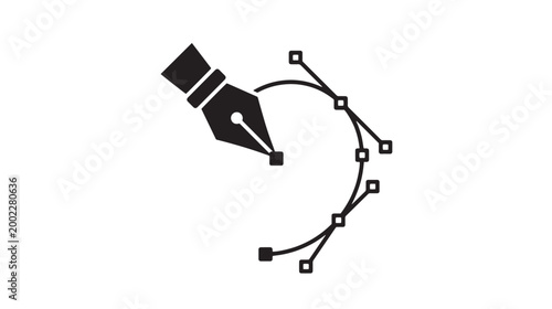 Vector pen tool icon with bezier curve and anchor points, digital graphic design software symbol, black minimalist creative illustration