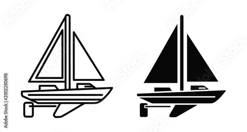 Sailboat icon set featuring outline and solid black glyph styles for nautical travel marine transportation and summer vacation design projects