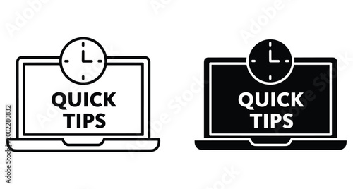 Laptop computer icon with clock symbol and quick tips text representing fast learning digital tutorials online education and efficient advice
