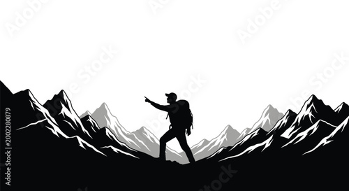 Hiker standing on mountain peak pointing towards snow-capped mountains in the background vector illustration