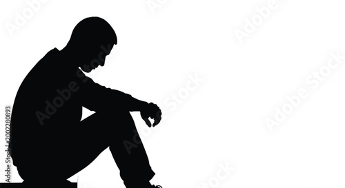 Silhouette of a man sitting alone in a thoughtful posture on a white background vector graphic