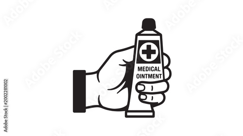 Medical ointment tube held in hand, black and white line art vector illustration, antiseptic cream for first aid and healthcare treatment