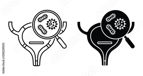 Human bladder infection icon set showing urinary tract inflammation with bacteria under magnifying glass for medical diagnosis and urology health