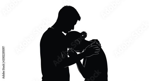 Caring man comforting a grieving woman in this minimalist black and white vector graphic art illustration