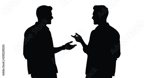 Vector illustration of two male silhouettes having an engaging conversation, discussing ideas or negotiating an agreement.