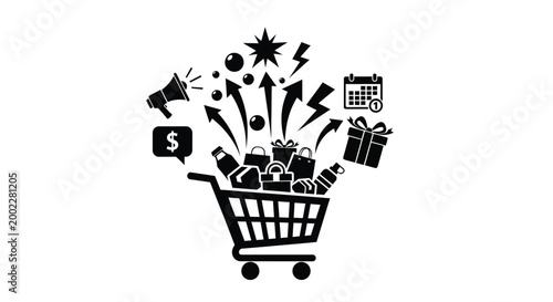 Black vector illustration graphic of a shopping cart overflowing with gifts and promotional elements