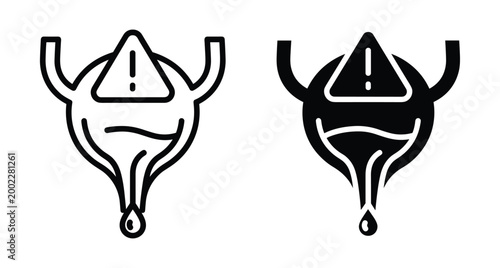 Bladder health warning icon set showing urinary tract infection incontinence pain and medical problems with exclamation mark and liquid drop