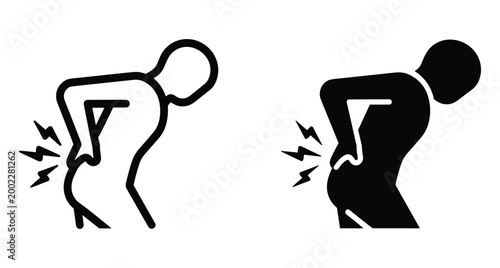 Back pain icon set showing person with lower spine ache injury lumbar strain sciatica muscle tension and physical discomfort symptoms