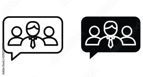 Business team communication icon set featuring three people in a speech bubble representing group chat collaboration and professional discussion