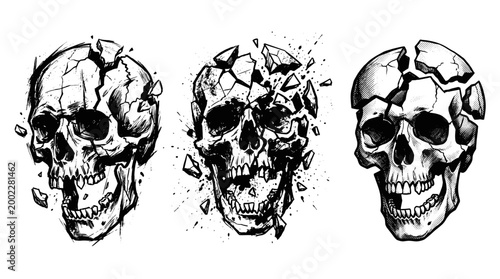 A captivating sequence of three skulls showing different stages of fragmentation and decay.