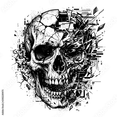 A striking black and white skull illustration with a digitally fragmented right side.