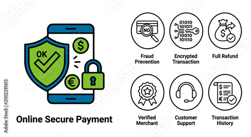 Secure Online Payment and Cybersecurity Icons with Data Protection and Transaction Safety Symbols