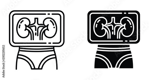 Human kidney ultrasound scan icon set showing internal organs on digital screen for medical diagnosis urology health checkup renal system