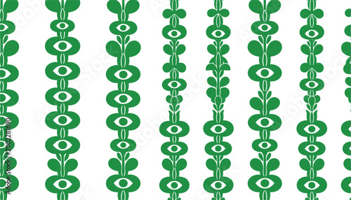 Green organic floral pattern with eye motifs vector illustration seamless background