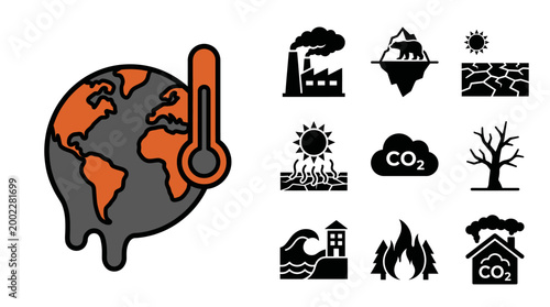 Global Warming and Climate Change Icon Set with Industrial Pollution and Environmental Symbols