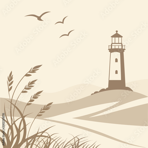 Fotografie Brown lighthouse with seagulls and plants by the sea