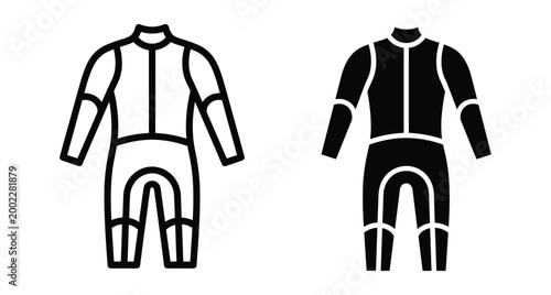 Wetsuit icon set featuring outline and solid silhouette styles for diving surfing swimming triathlon water sports protective gear apparel equipment clothing