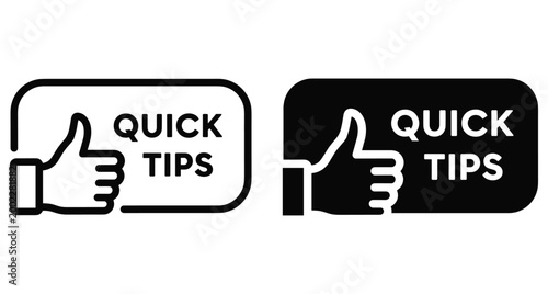 Quick tips icon set with thumbs up hand gesture symbol for helpful advice information tutorial guidance and useful trick suggestions