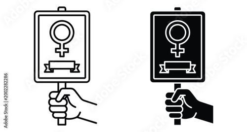 Hand holding protest sign with female gender symbol and ribbon for women rights movement feminism activism equality demonstration social justice rally
