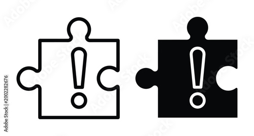 Jigsaw puzzle piece icon with exclamation mark symbol representing problem solving alert warning error notification solution logic challenge and strategy