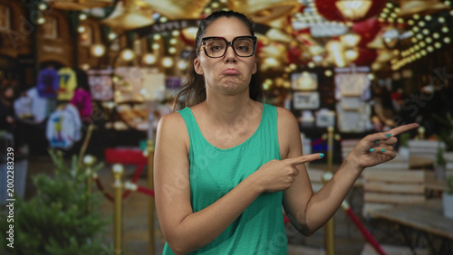 Bild auf Leinwand Woman wearing eyeglasses and green tank top points finger at souvenir stall in street market; uncertainty