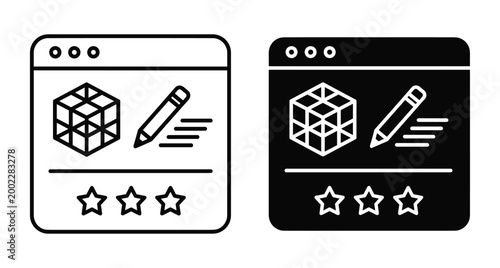 Web design development icon set featuring 3D modeling software interface with pencil tool and star rating system for creative projects